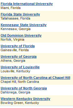 Florida International, Florida State, Kennesaw State, Old Dominion, U. of Florida, U. of Georgia, U. of Louisville, UNC-Chapel Hill, U. of North Georgia, Western Kentucky