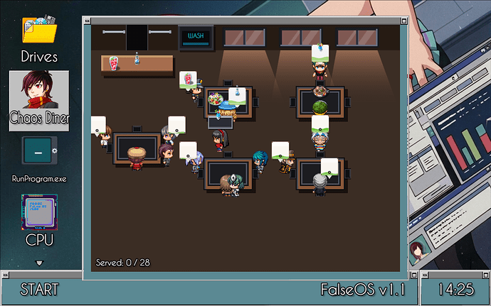 Alisa Waitress outfit in diner waitress simulator minigame in false os False arcade by SigmaSuccour 3