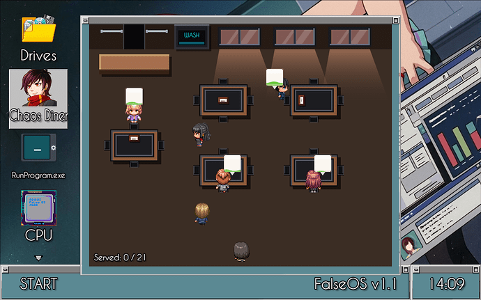 Alisa Waitress outfit in diner waitress simulator minigame in false os False arcade by SigmaSuccour 1