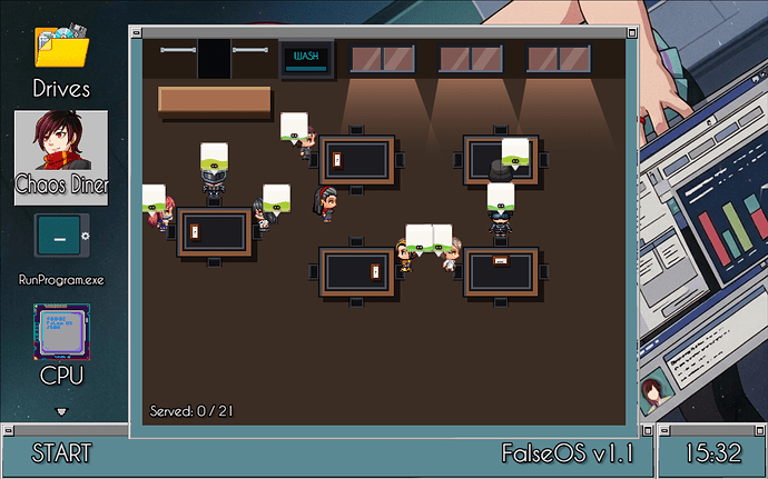 Alisa Waitress outfit in diner waitress simulator minigame in false os False arcade by SigmaSuccour 2