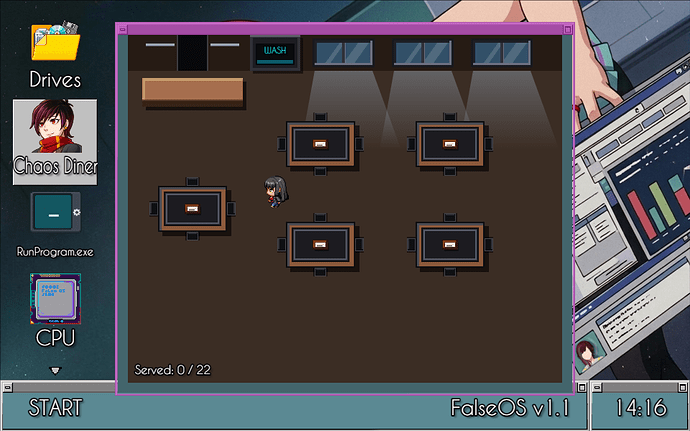 sigmasuccour制作のFalseOS内のFalse Arcadにある「ダイナーウェイトレスシミュレーター」ミニゲーム、アリサ出演 0